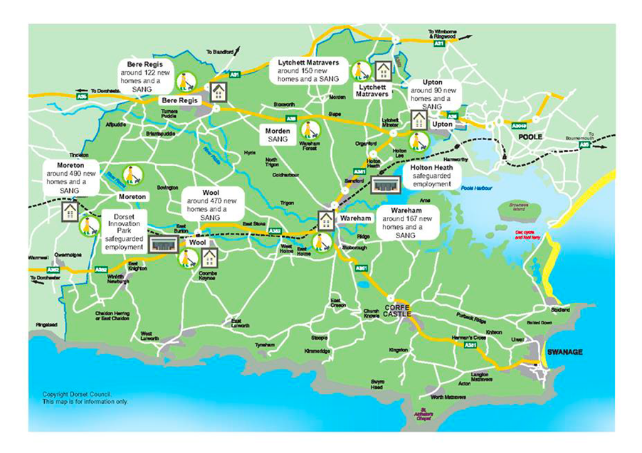 This key diagram from the purbeck local plan shows growth in key ares including homes, employment and SANG. No key changes are marked for Swanage.