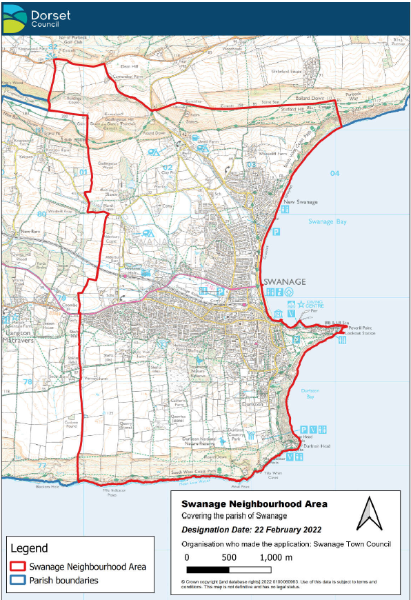 A map showing an outline of the Swanage Neighbourhood Area. This follows the Parish Boundary.