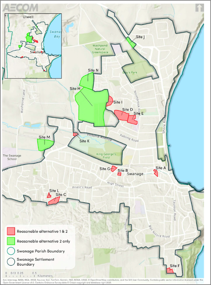 Map showing reasonable alernatives. 10 sites are shown as red reasonable alternatives 1&2, 4 are shown as green reasonable alternative 2 only, all of the green sites are outside the settlement boundary.